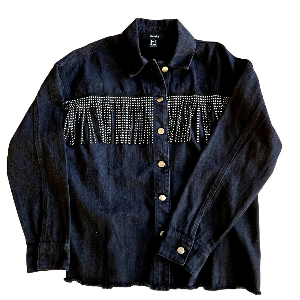 Bejewelled Fringe Black Denim Jacket Forever 21 Size S